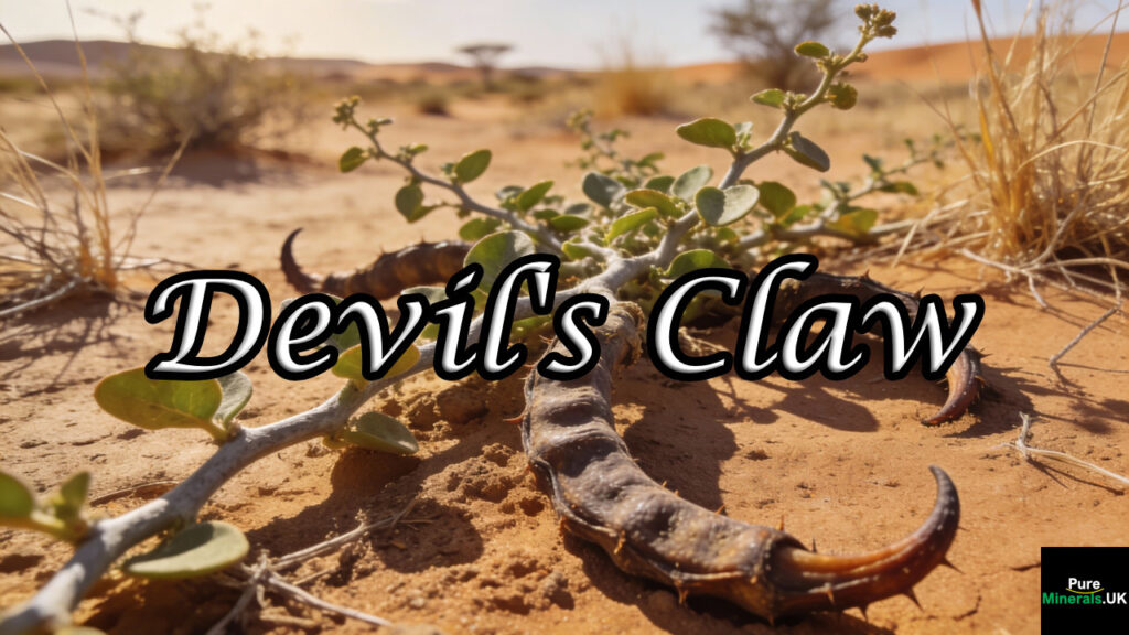 Devil's Claw herb (Harpagophytum procumbens) growing in a sunlit Southern African desert, with claw-shaped seed pods, creeping gray-green foliage, and sandy, arid surroundings.
