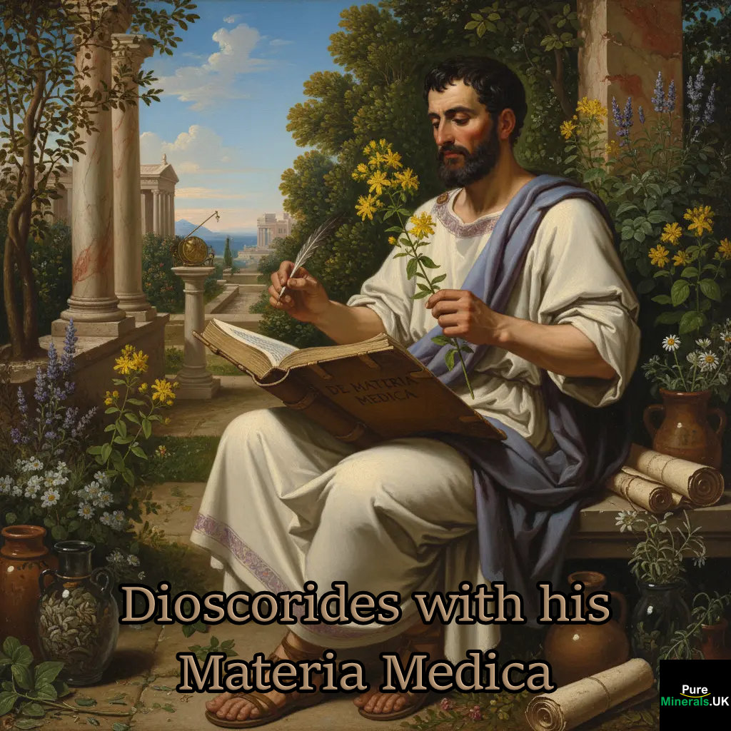 Ancient Greek physician Pedanius Dioscorides seated in an herb garden, writing in his book De Materia Medica while examining a St. John's Wort plant.