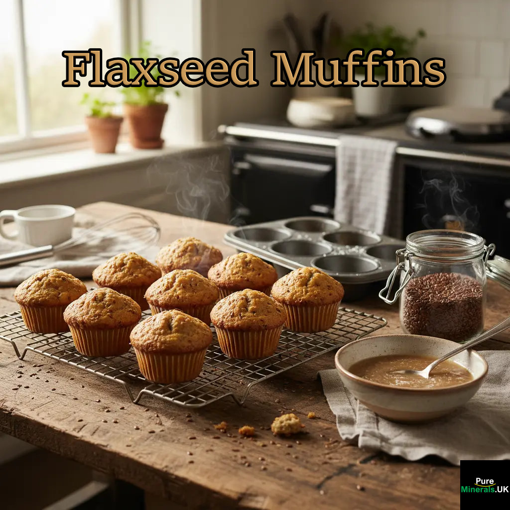 A photograph of flaxseed muffins in a kitchen setting, complete with the flax egg substitute preparation nearby.