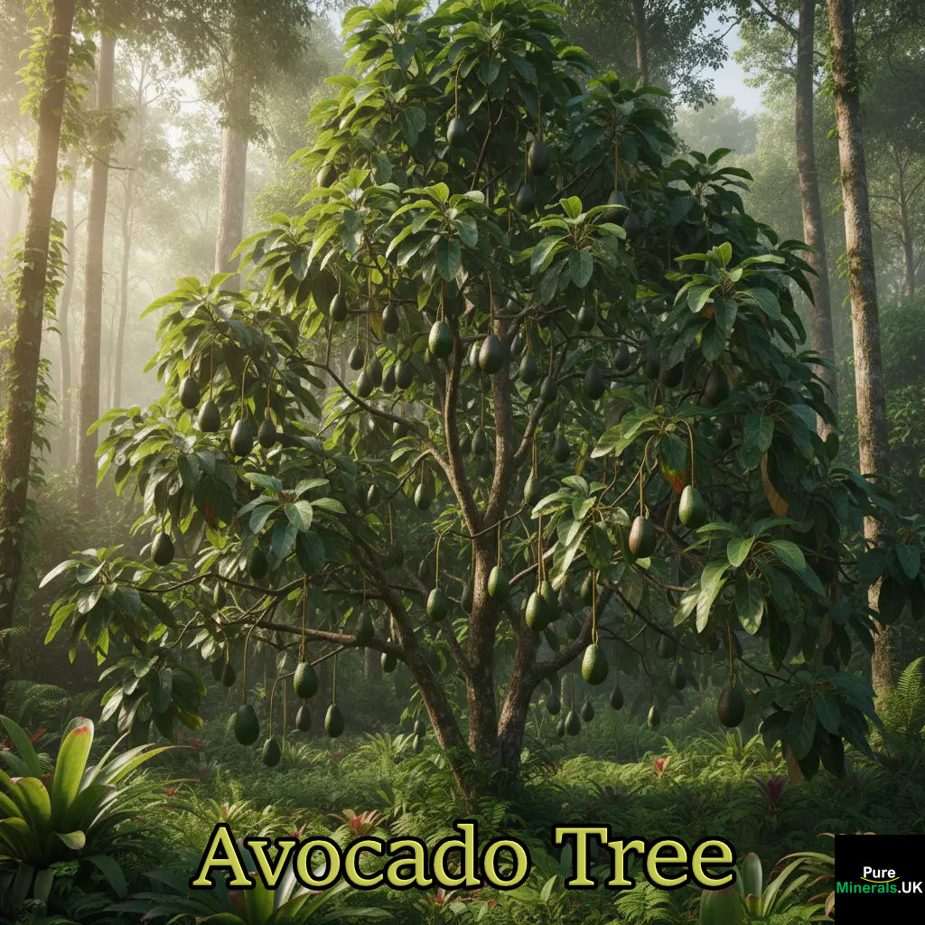 An avocado tree with lush green foliage and hanging fruit in a sunny tropical environment.