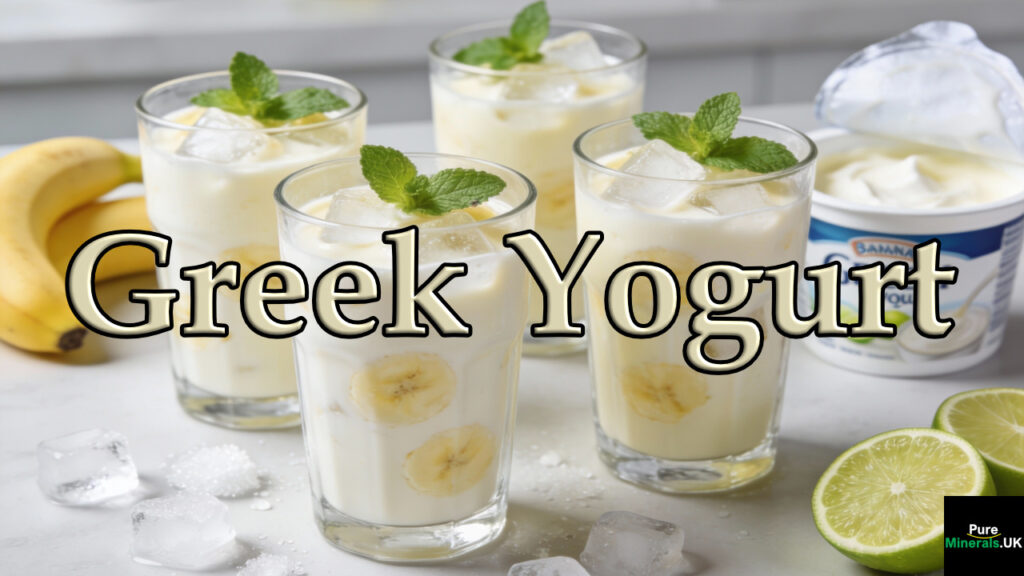 Four glasses of freshly blended banana Greek yogurt garnished with mint leaves, placed on a kitchen counter in a bright, modern kitchen. Bananas, a lime, and a container of Greek yogurt are visible in the background.