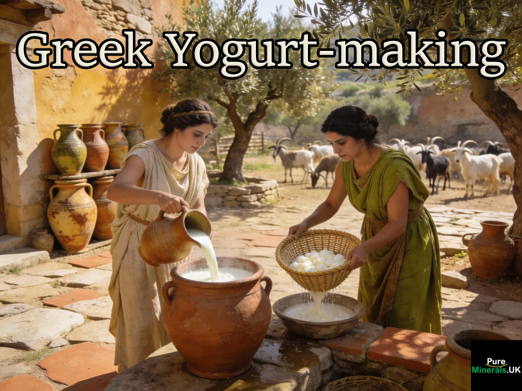 People in ancient Greek clothing making yogurt using clay pots and strainers in a rustic stone courtyard with olive trees, goats, and amphorae nearby under the Mediterranean sun.