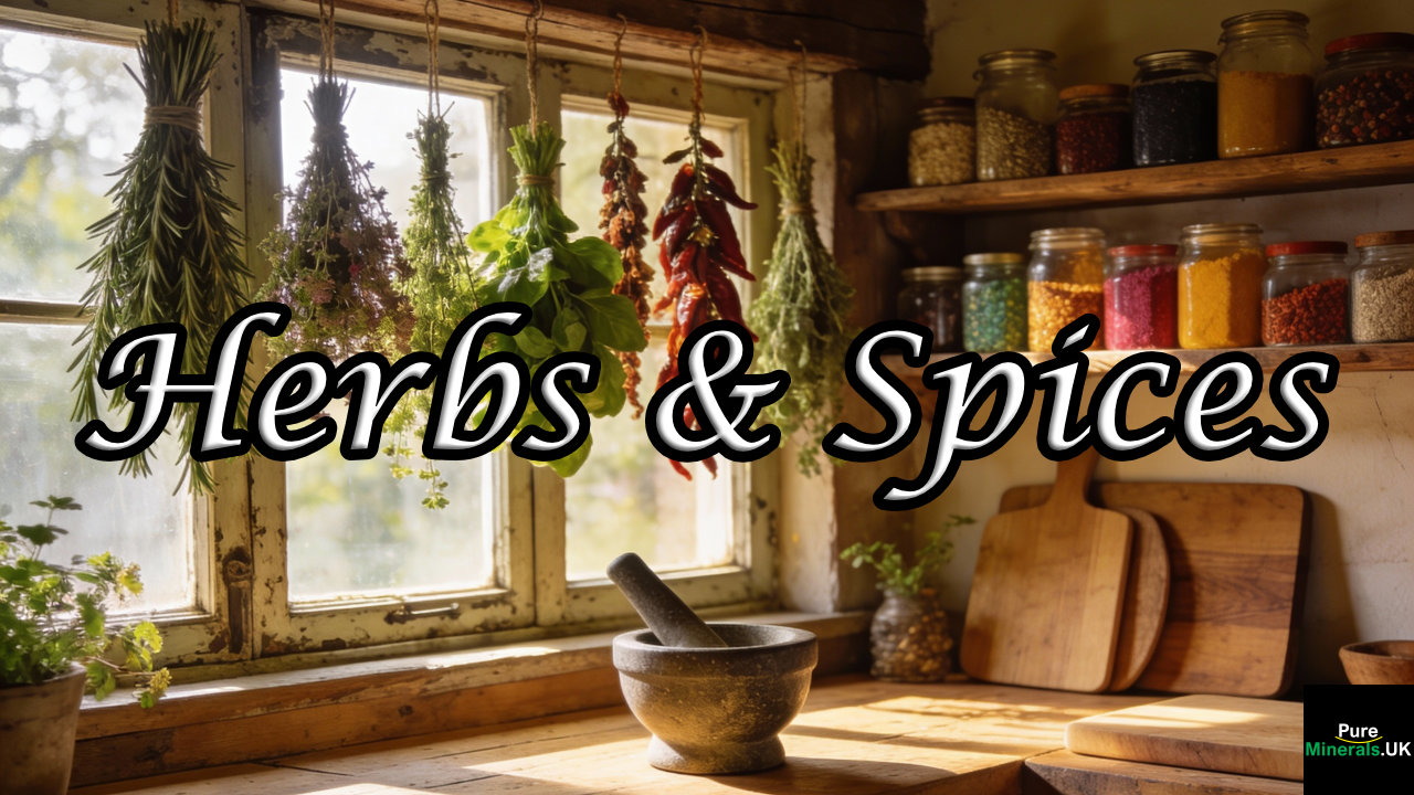 Herbs and Spices A rustic farmhouse kitchen with sunlight streaming through a vintage window, bundles of rosemary, thyme, basil, and dried chili peppers hanging by the window, wooden shelves lined with glass jars of colorful spices, and a large wooden countertop featuring a mortar and pestle and cutting boards.