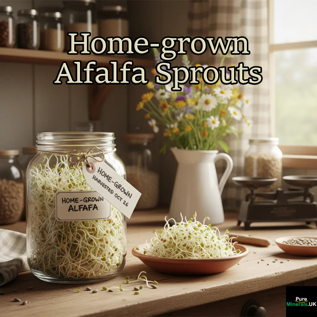 A kitchen table setting featuring a jar and plate of home-grown alfalfa sprouts.