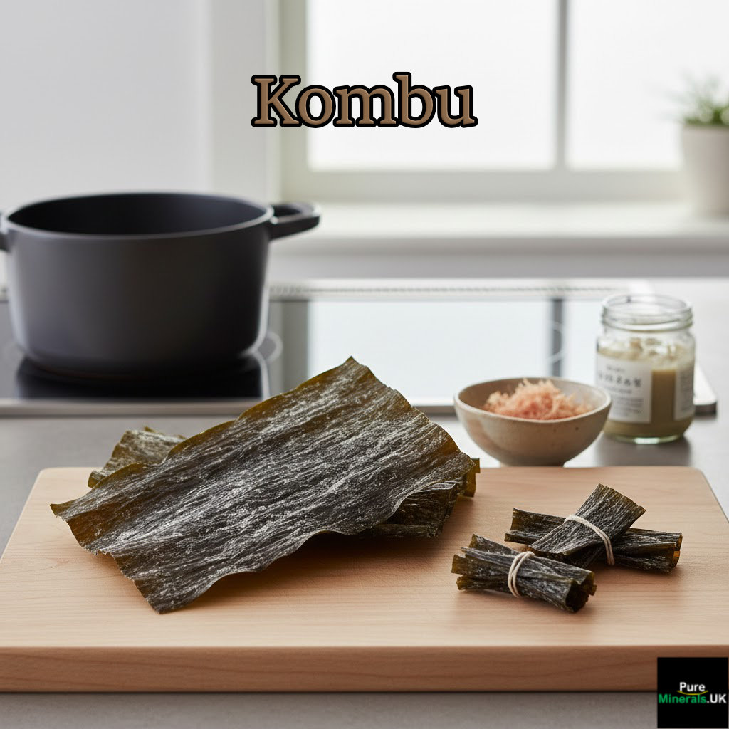 Kombu seaweed in a kitchen setting.