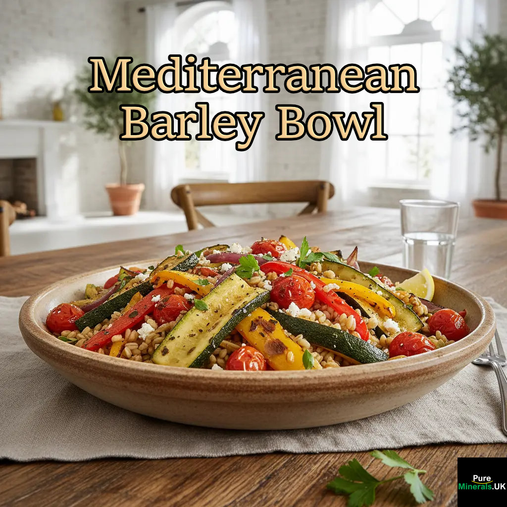 A picture of a Mediterranean barley bowl with vegetables.