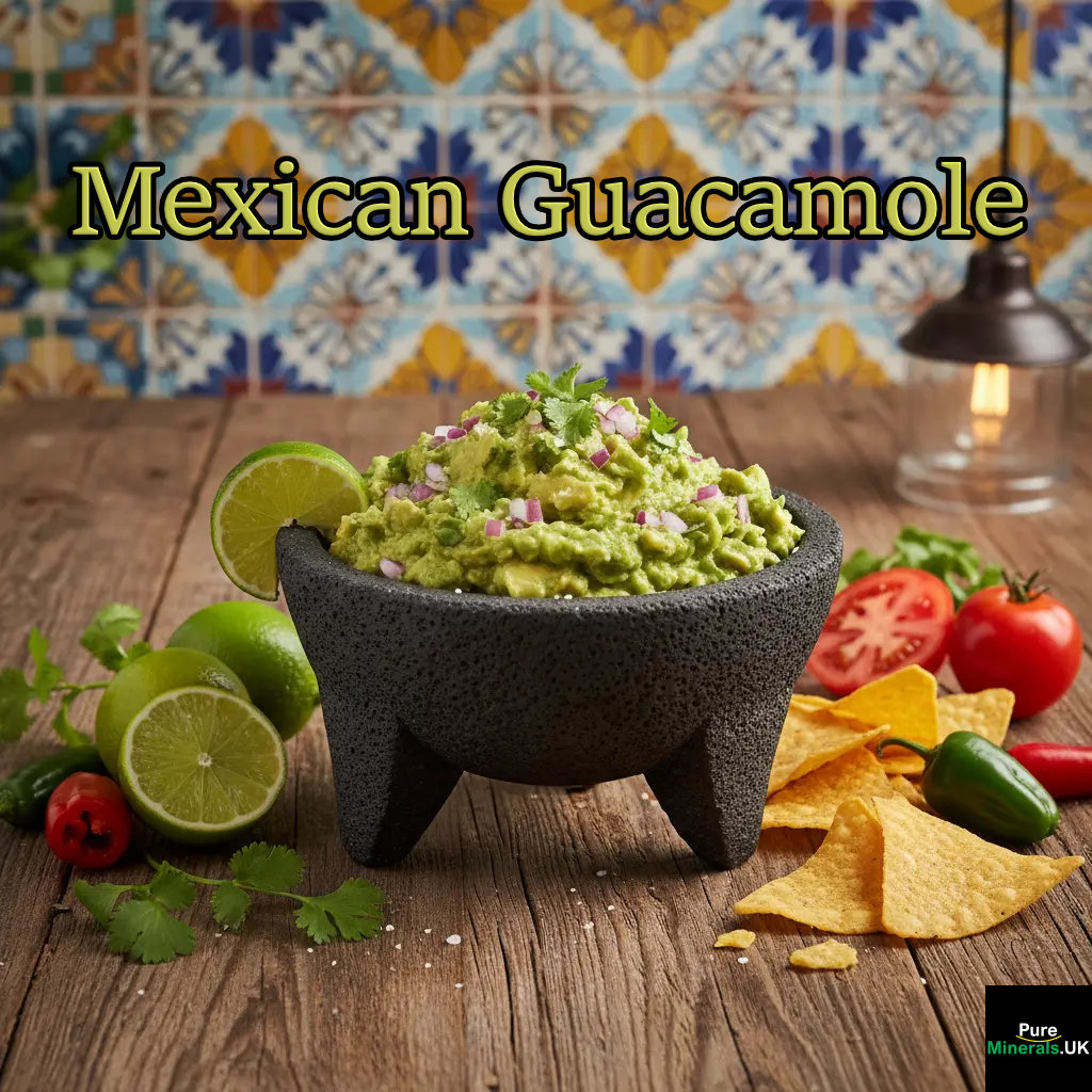 A rustic bowl of fresh guacamole on a wooden table in a traditional Mexican kitchen, surrounded by tortilla chips, limes, cilantro, and chili peppers against a backdrop of colorful tiles.