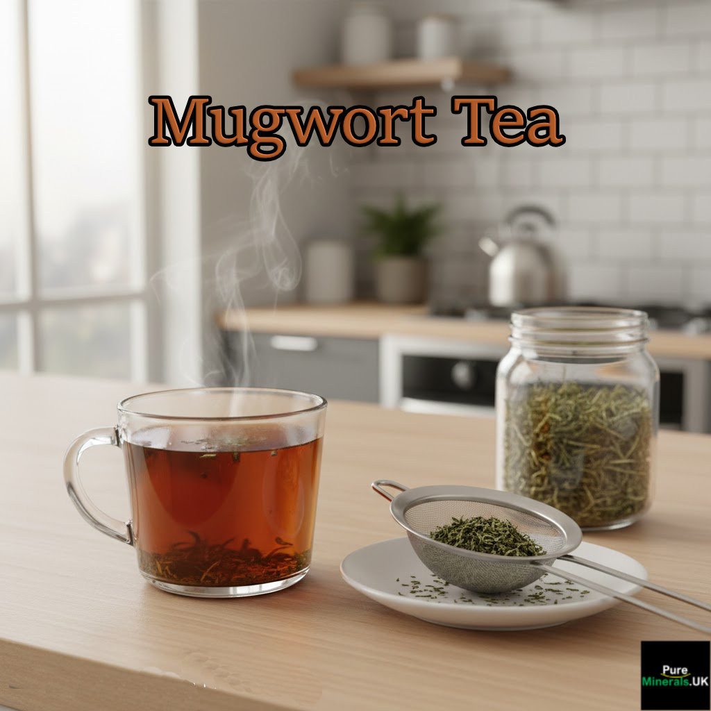 A steaming glass mug of dark amber mugwort tea on a light wooden kitchen counter, accompanied by a glass jar of dried herbs and a small metal tea strainer.
