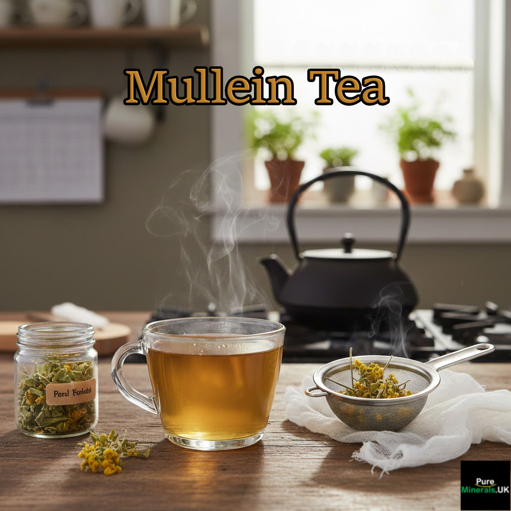 A steaming glass teacup filled with golden-amber mullein tea sits on a wooden kitchen counter. To the left, a small glass jar holds dried green mullein leaves with a handwritten label. To the right, a metal mesh strainer rests on a white cheesecloth, containing damp herbs. In the blurred background, a black stovetop kettle and potted plants on a sunny windowsill create a warm, rustic atmosphere.