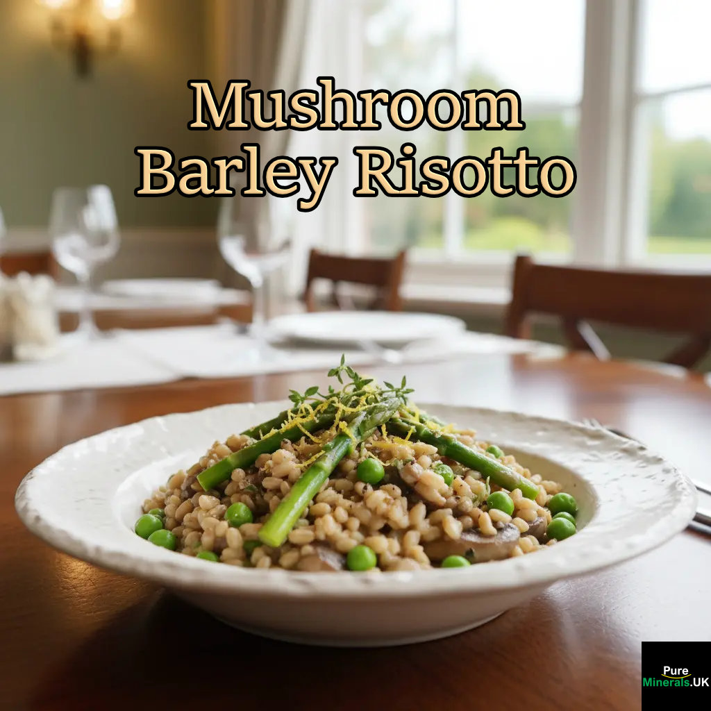 Mushroom barley risotto with asparagus, peas, and lemon zest.