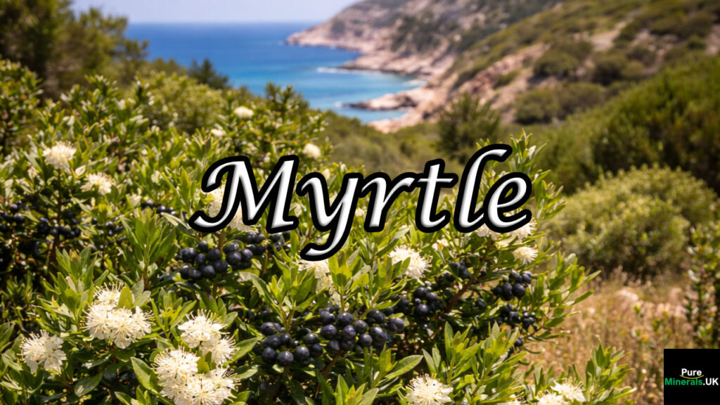 Myrtle shrubs with glossy green leaves, white flowers, and dark blue berries growing on a Mediterranean coastal hillside overlooking the sea.