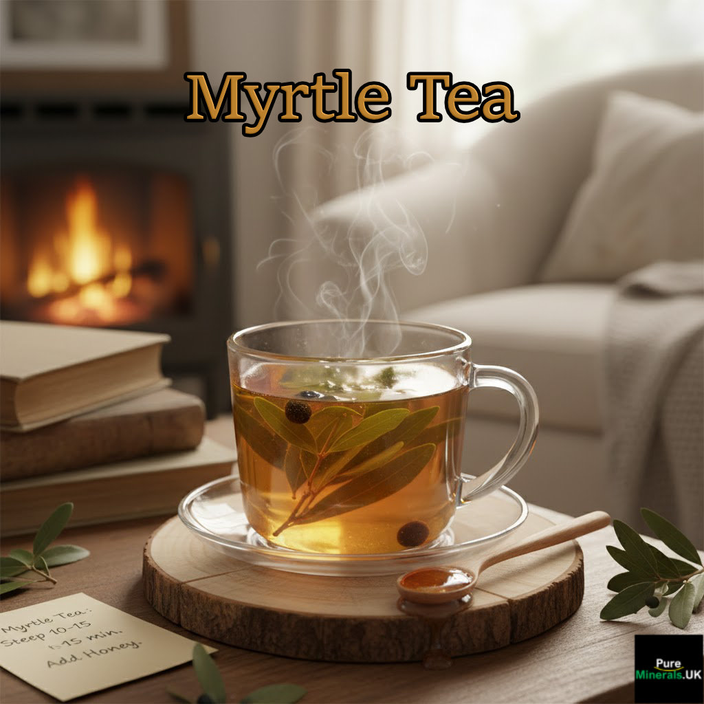 A cup of myrtle tea and honey in a cozy lounge setting.