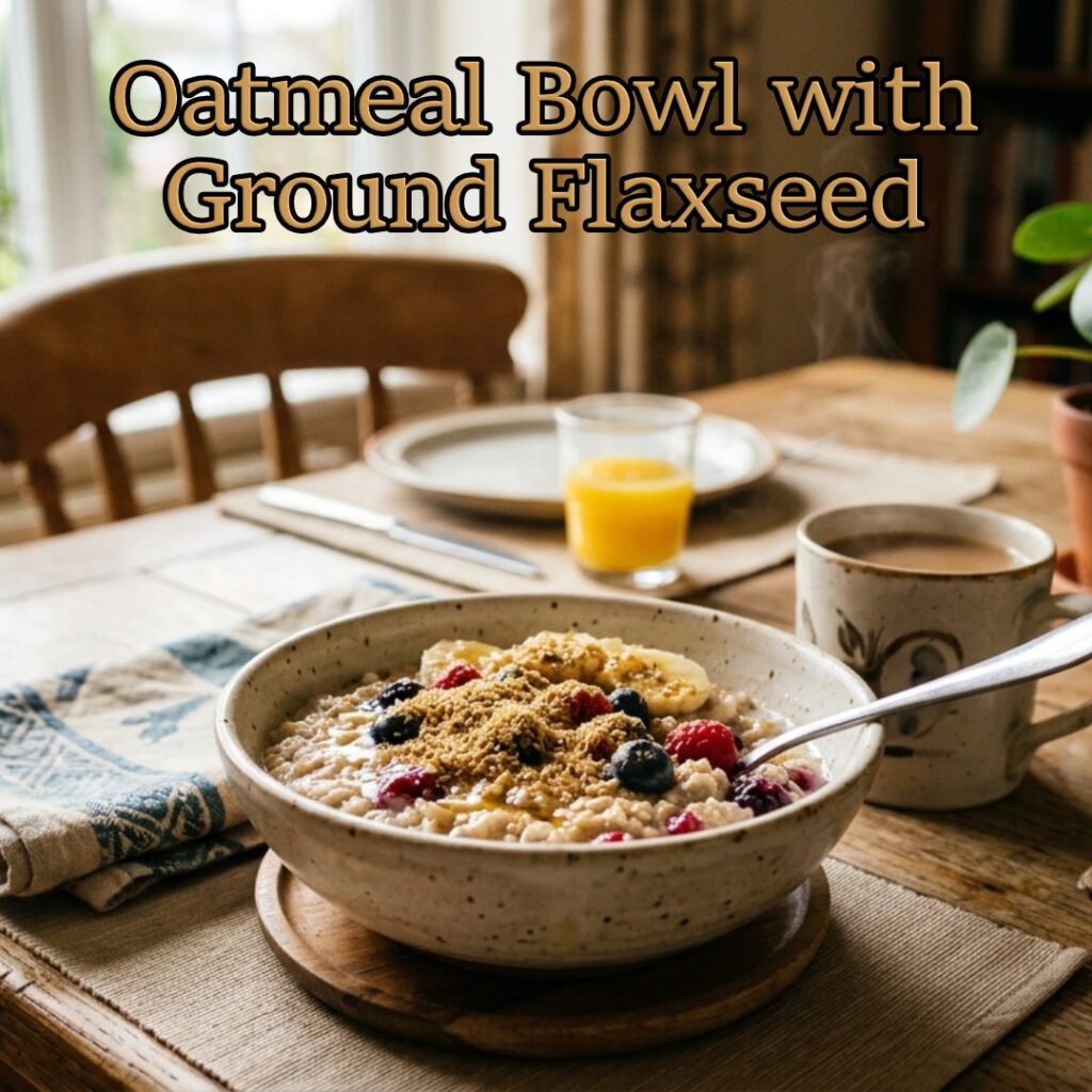 An oatmeal breakfast bowl with blueberries, raspberries, a banana, and a good sprinkling of ground flaxseed. The setting is a breakfast dining room table.