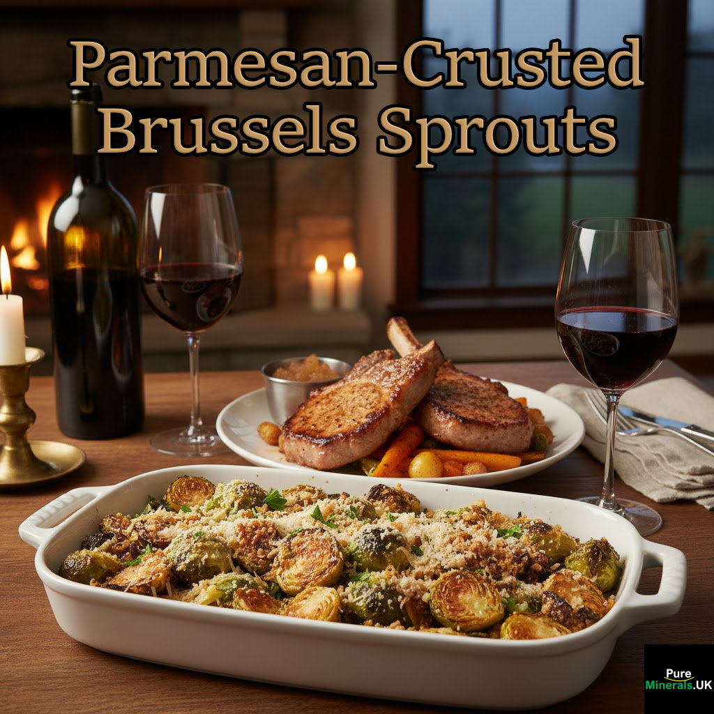 Parmesan-Crusted Brussels sprouts side dish with pork cops and red wine in a cozy dining room setting.