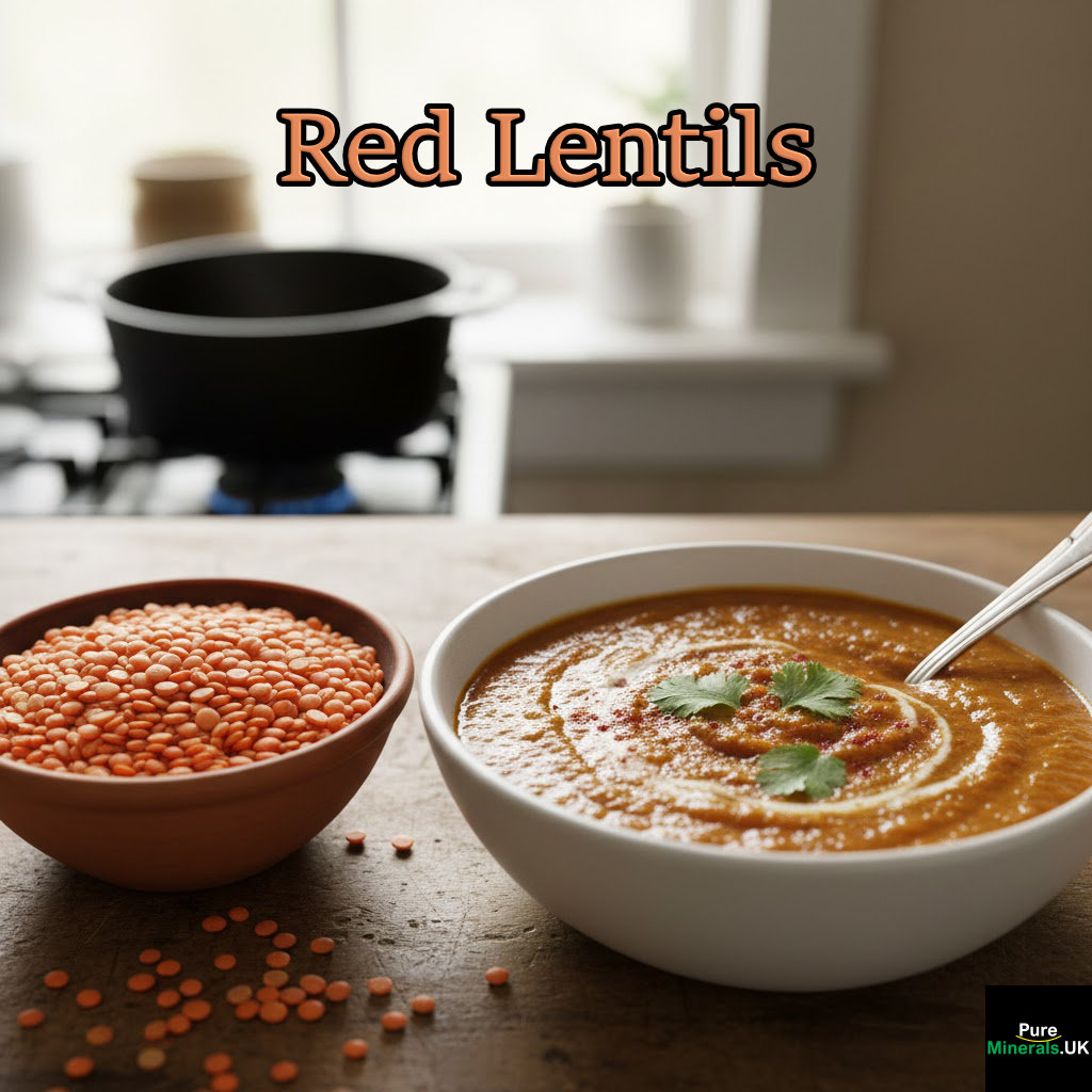 A photograph of red lentils and a red lentil purée in a kitchen setting.