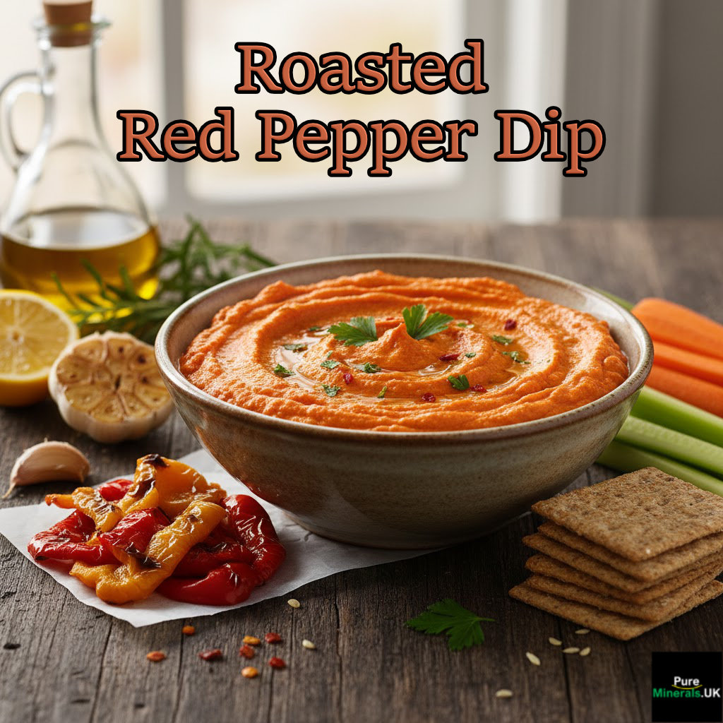 Roasted red pepper dip in a kitchen setting.