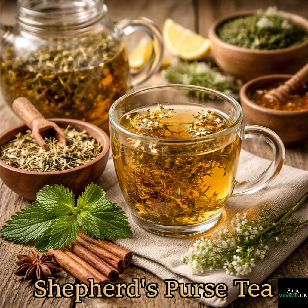 A photograph of shepherd's purse tea with complementary herbs and spices.