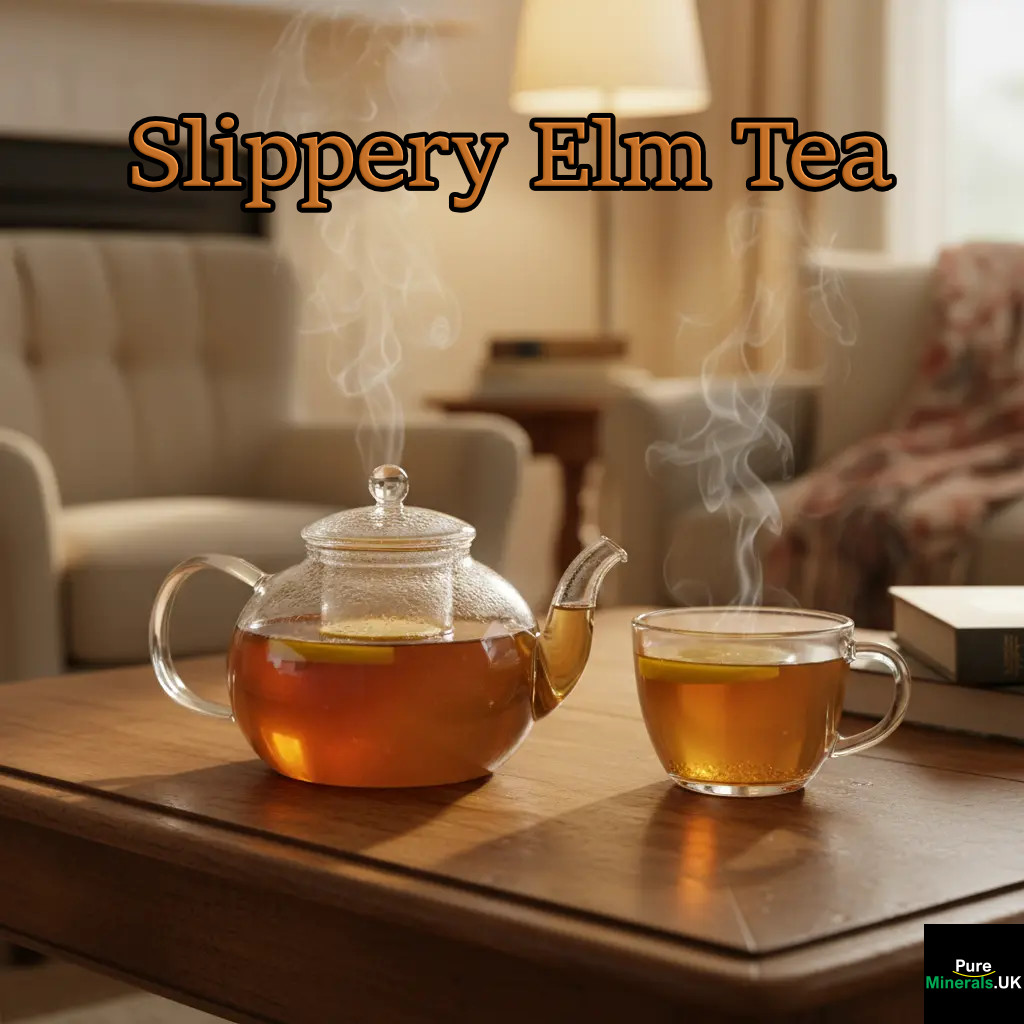 A clear glass teacup and teapot filled with warm Slippery Elm tea resting on a wooden coffee table in a softly lit, cozy lounge with comfortable furniture in the background.