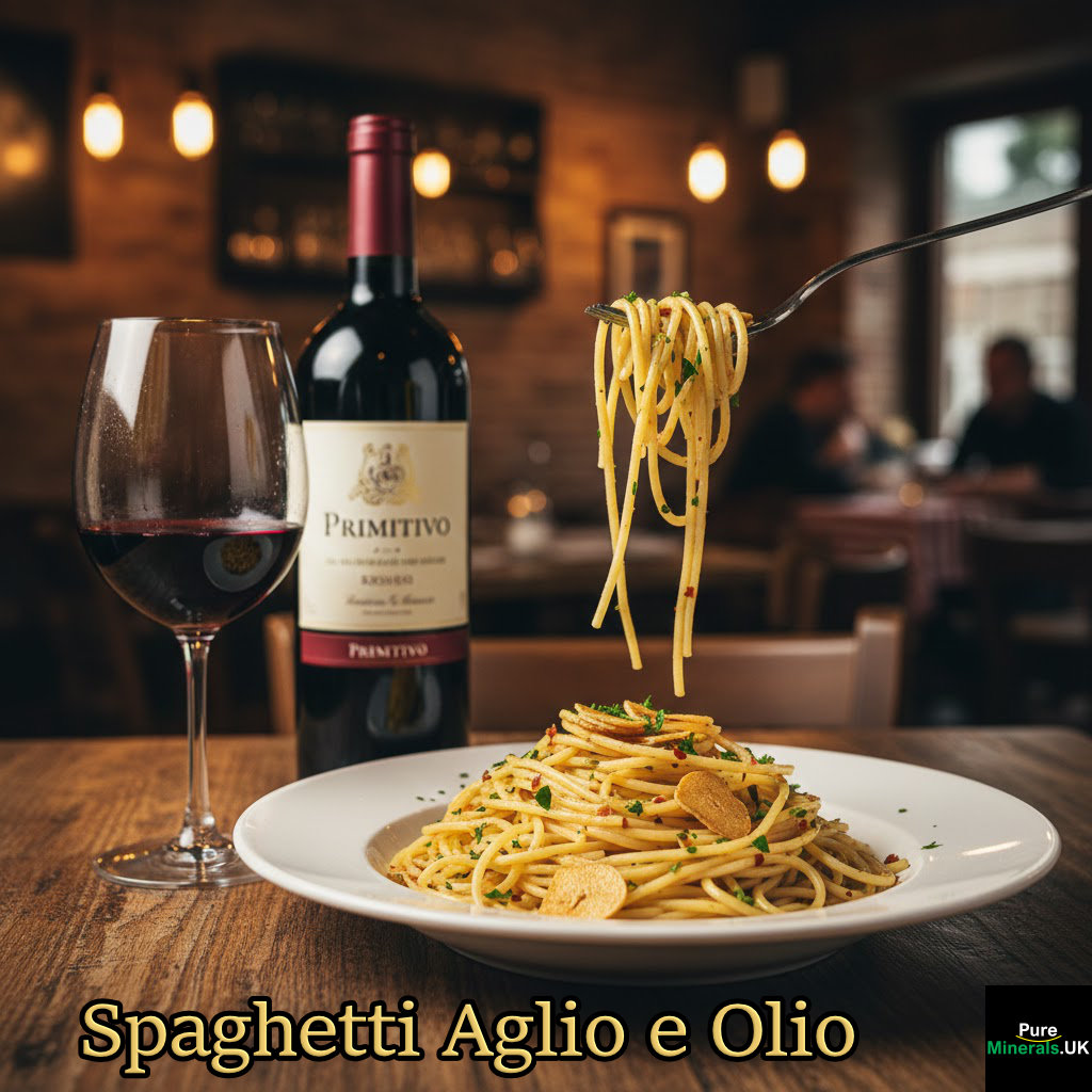 A plate of Spaghetti Aglio e Olio featuring golden pasta noodles tossed with sliced garlic and red pepper flakes, paired with a bottle and glass of red Primitivo wine in a warm, dimly lit Italian trattoria.