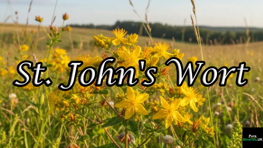 St. John's Wort plant featuring bright yellow, star-shaped flowers blooming in a sunny, green meadow.