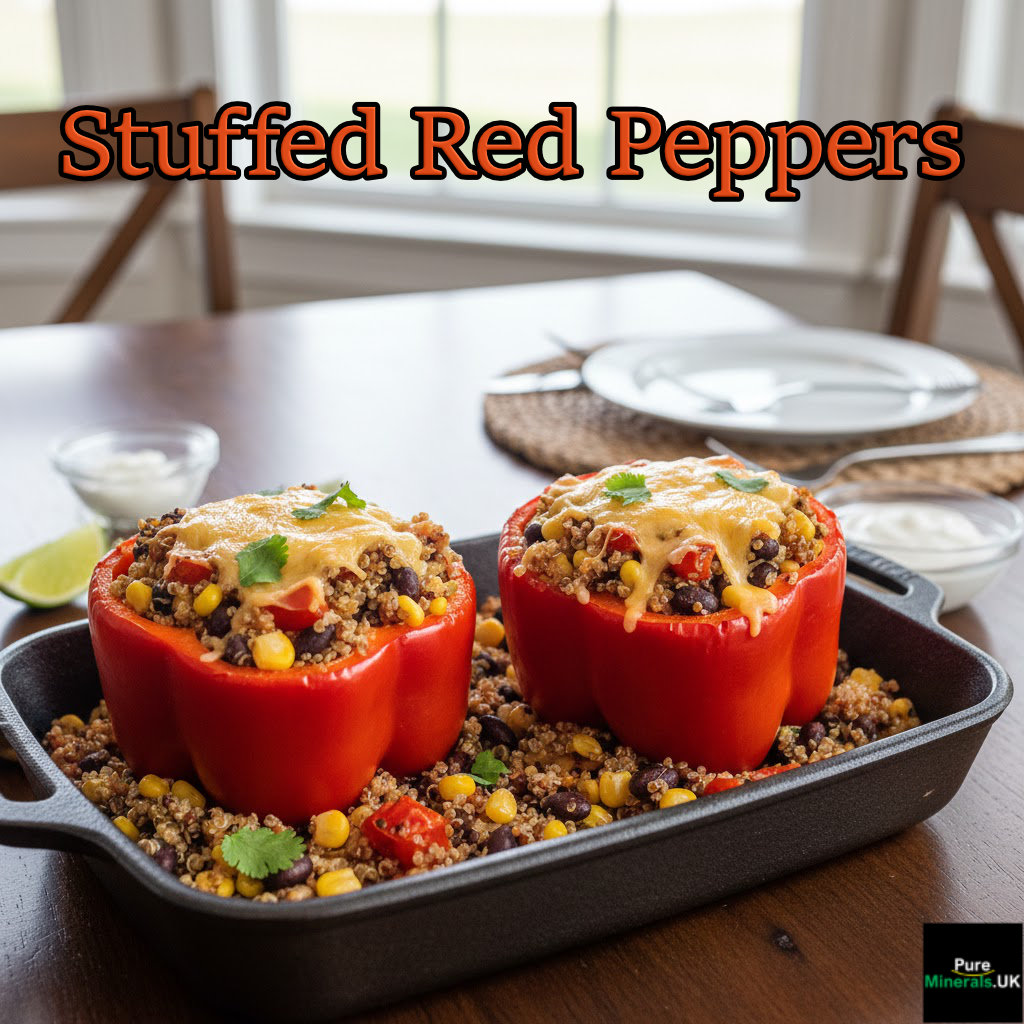 Stuffed Red Peppers in a kitchen setting.
