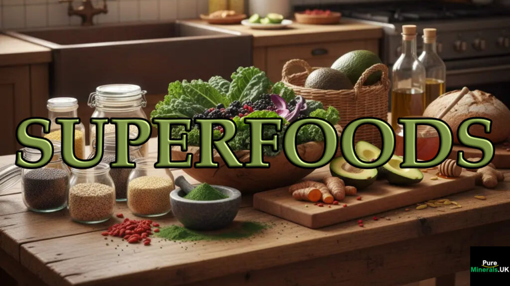 A vibrant display of various superfoods arranged on a rustic wooden table in a sunlit farmhouse kitchen.
