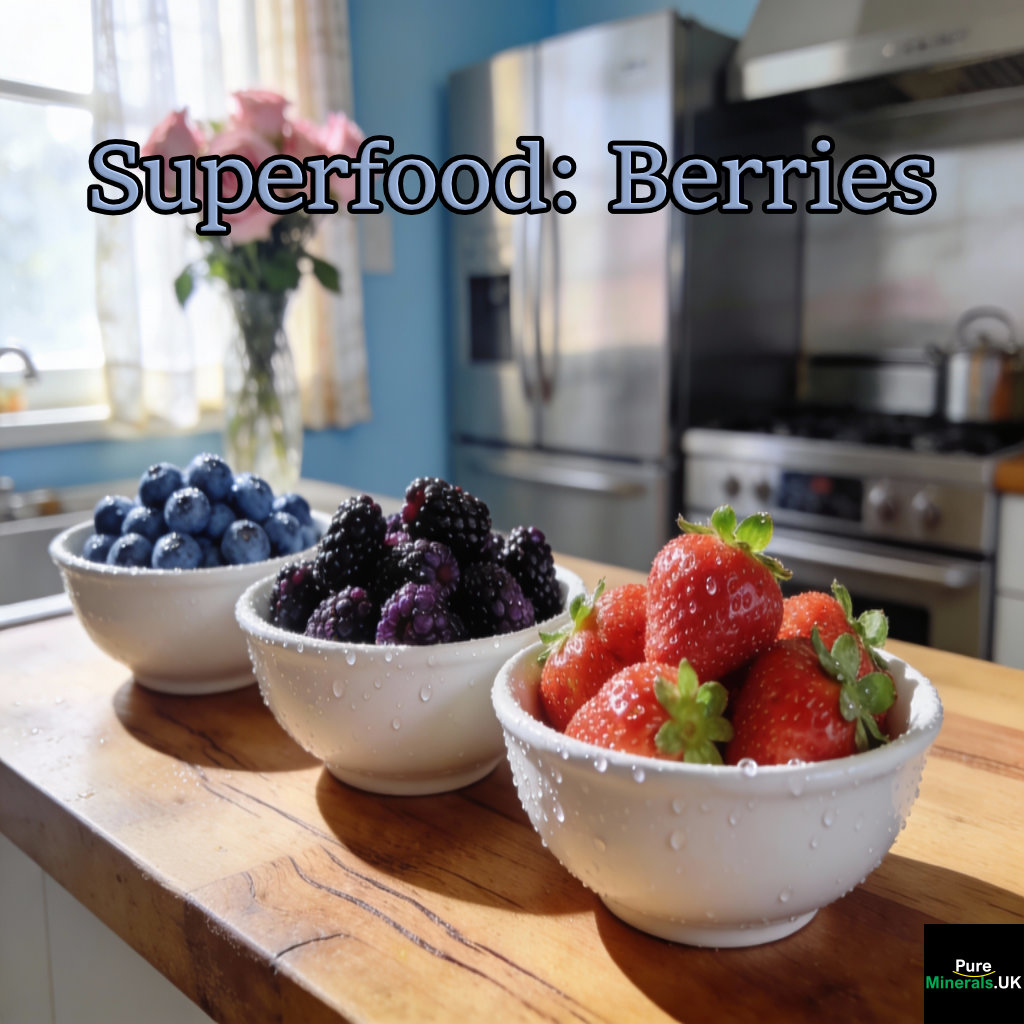 Bowls of the superfoods blueberries, blackberries, and strawberries in a kitchen setting.
