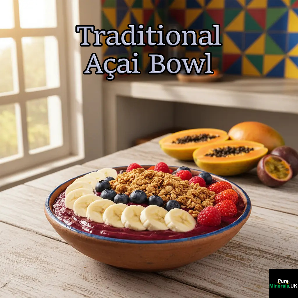 An appetizing açaí bowl topped with sliced banana, granola, and açai berries, set on a colorful Brazilian-style kitchen countertop.