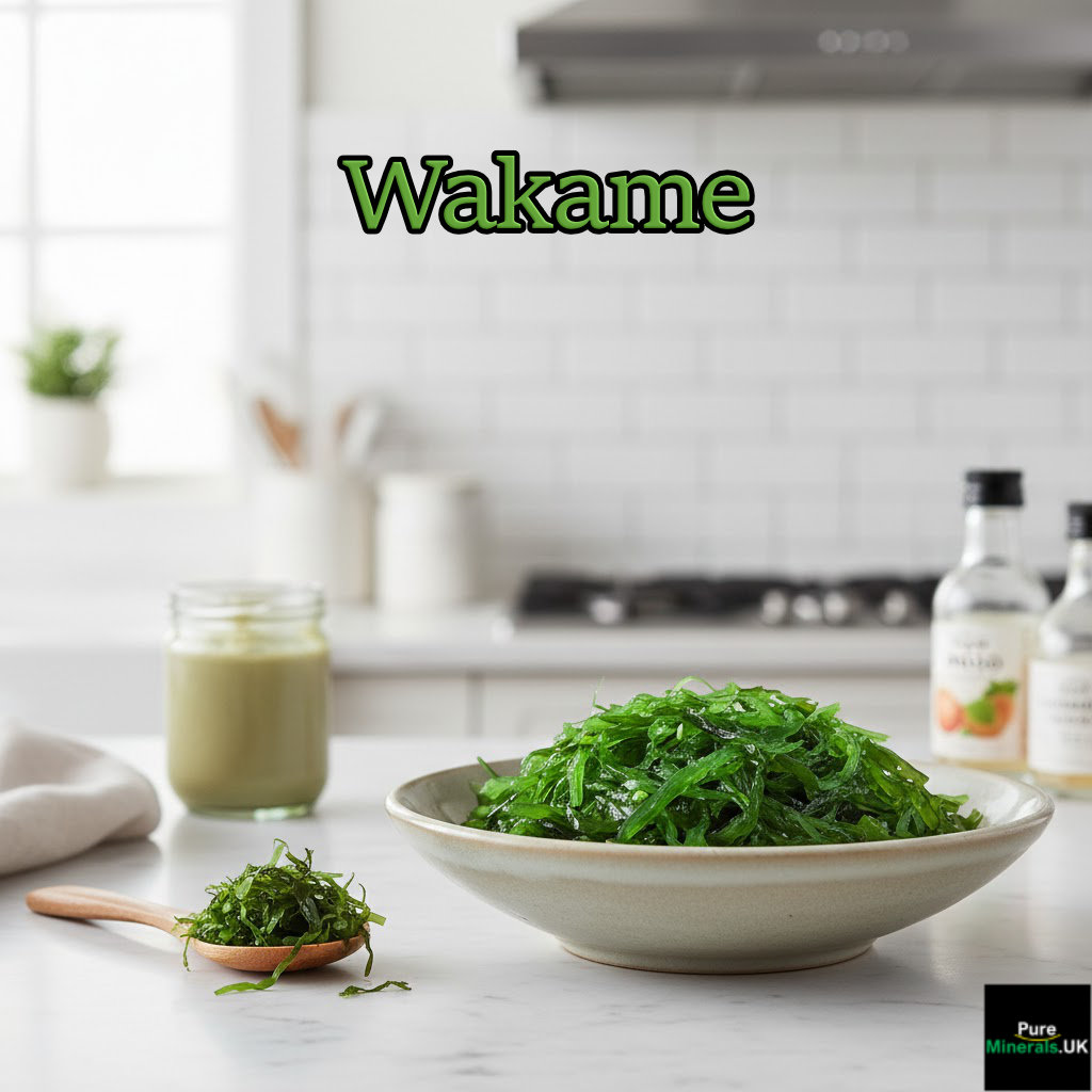 Wakame seaweed in a kitchen setting.