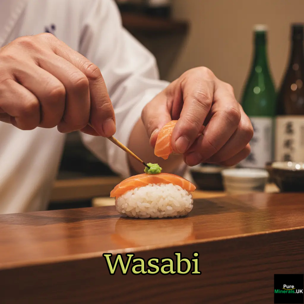 Close-up of a sushi chef's hand placing a small dab of bright green wasabi onto a mound of white rice, with a slice of raw fish ready to be placed on top.