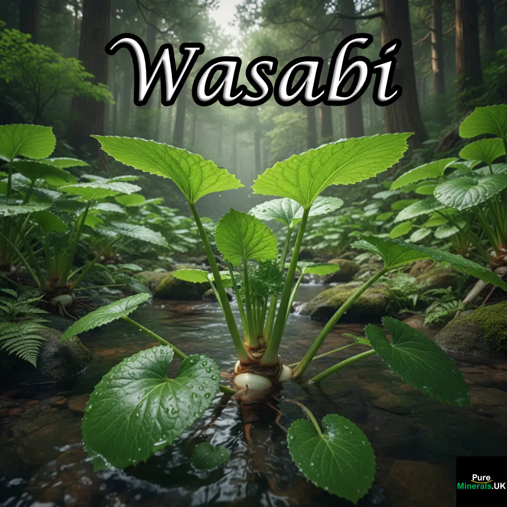 Lush green wasabi plants with heart-shaped leaves growing in a clear, shallow stream within a shaded Japanese forest.