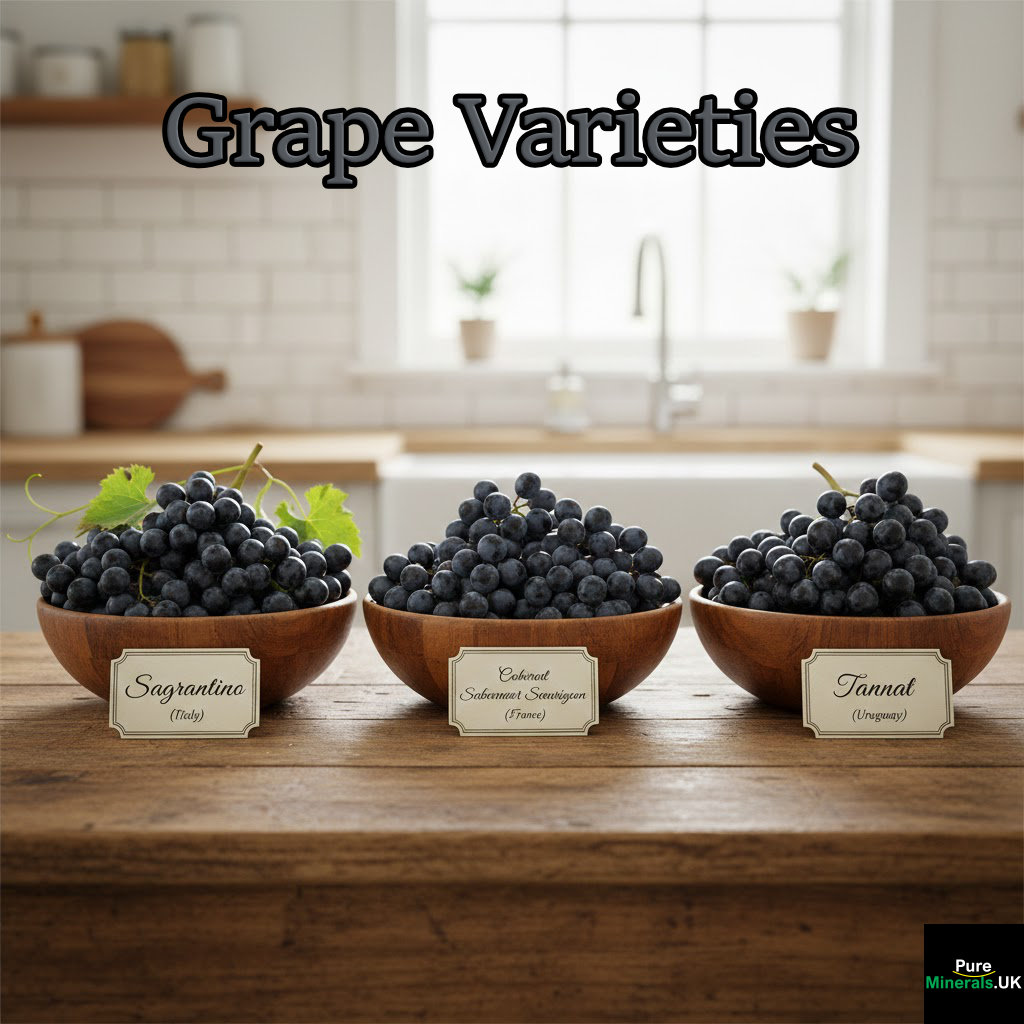 Sagrantino, Cabernet Sauvignon. and Tannat grapes in separate bowls in a kitchen setting.