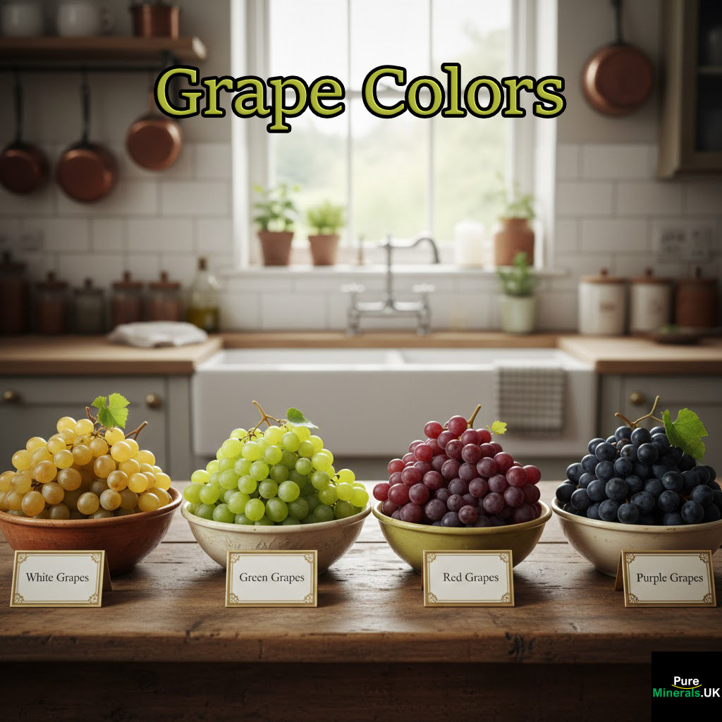 White, Green, Red and Purple grapes in separate bowls in a kitchen setting.