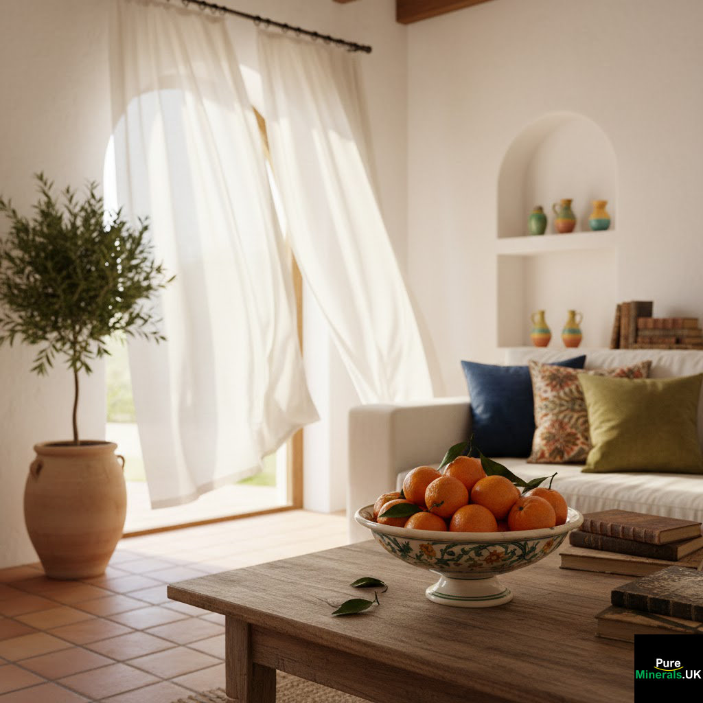 A bowl filled with freshly picked tangerines in a Mediterranean lounge.