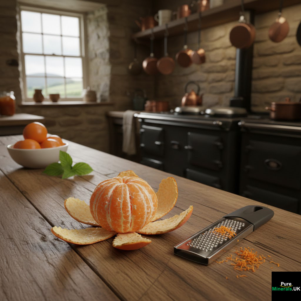A peeled tangerine and grated zest in a farmhouse kitchen.
