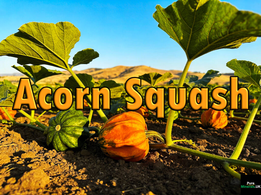 Green and orange acorn squash ripening on vines in a sunny Californian farm field.