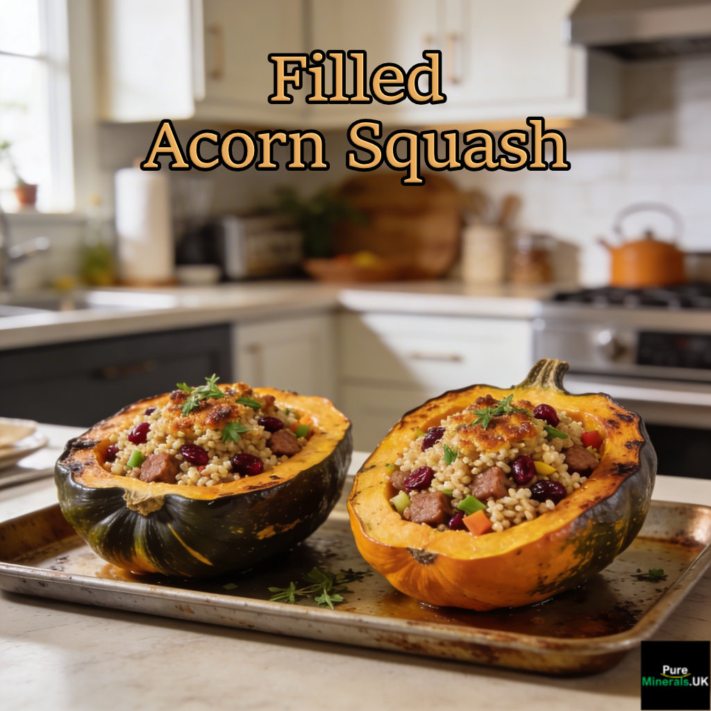Roasted acorn squash halves filled with a savory American stuffing of sausage, grains, cranberries, and herbs in a bright modern kitchen.