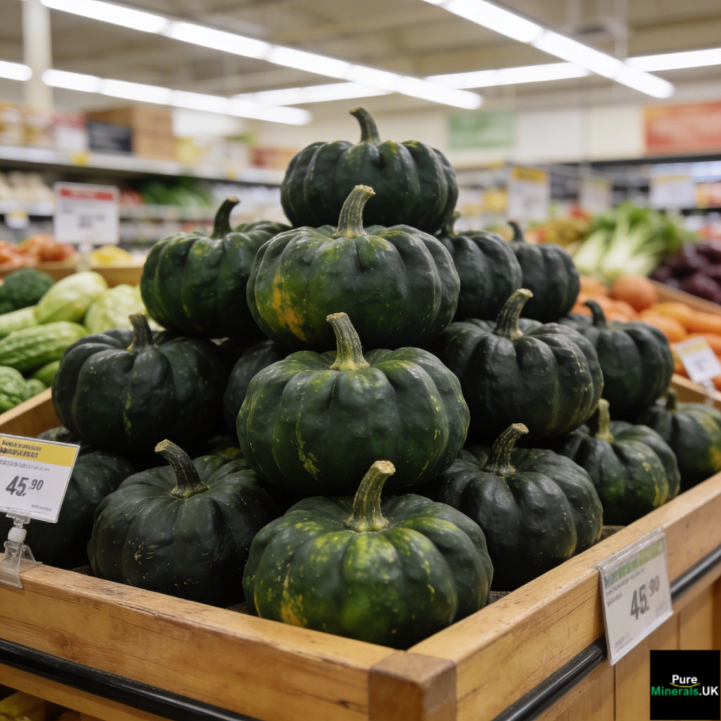 Dark green acorn squashes stacked in wooden display bins in a bright American grocery store produce section.