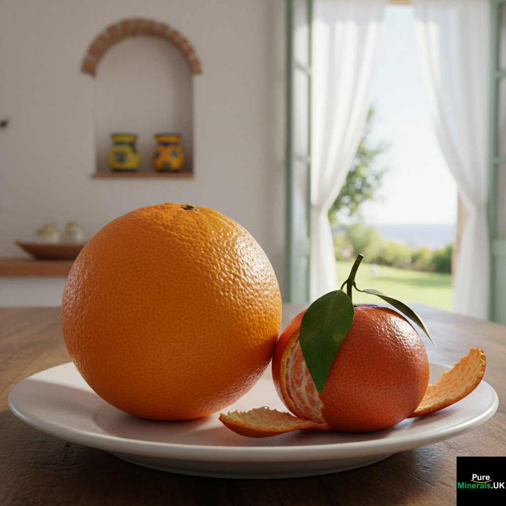 A comparison of an orange and a tangerine. The fruits are set on a plate in a Mediterranean kitchen.