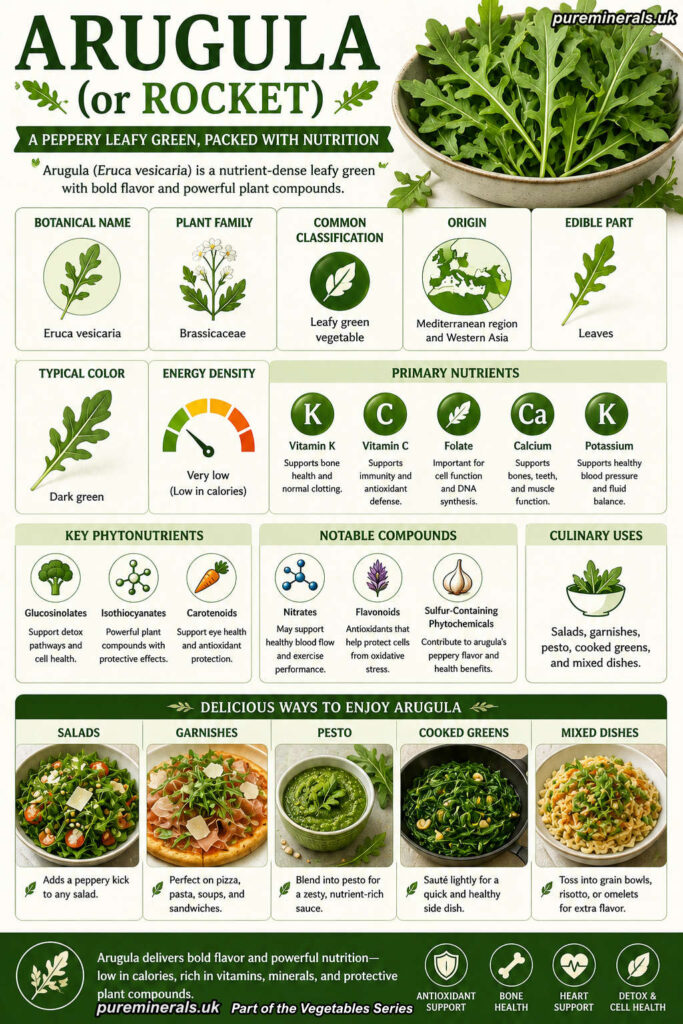 Infographic explaining arugula (Eruca vesicaria), also known as rocket, highlighting its vitamins, minerals, glucosinolates, isothiocyanates, nitrates, and culinary uses such as salads, pesto, cooked greens, and mixed dishes.