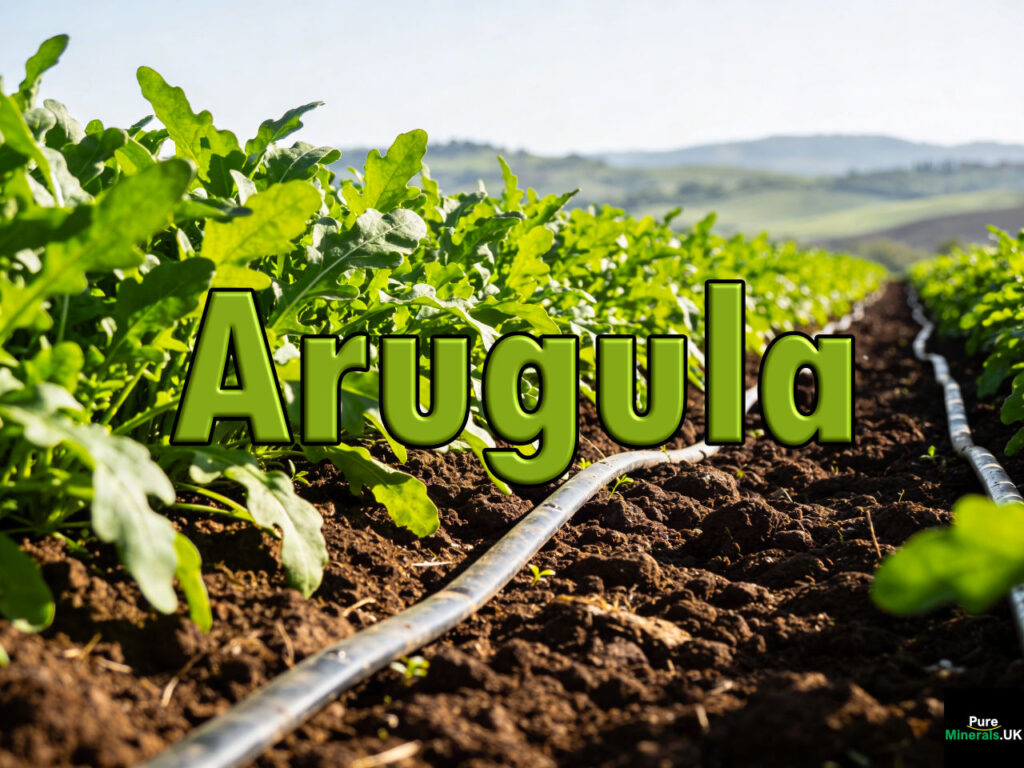 Lush green arugula growing in long cultivated rows on a commercial Italian farm under Mediterranean sunlight.
