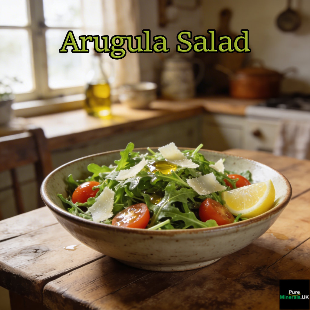 Ceramic bowl of fresh arugula salad with shaved Parmesan and cherry tomatoes on a wooden farmhouse table in soft natural light.