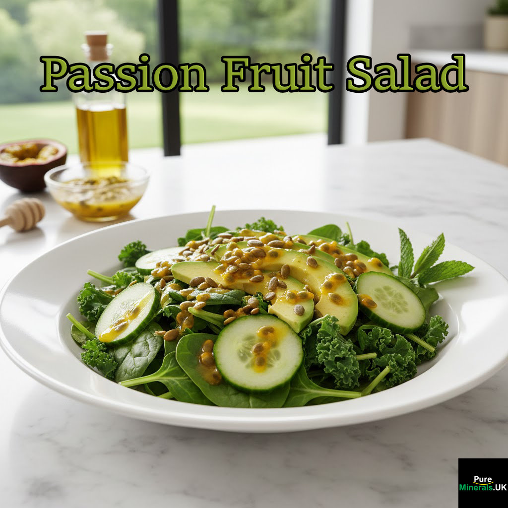 A bowl of Baby Kale and Spinach Salad with Passion Fruit Dressing on a dining room table.
