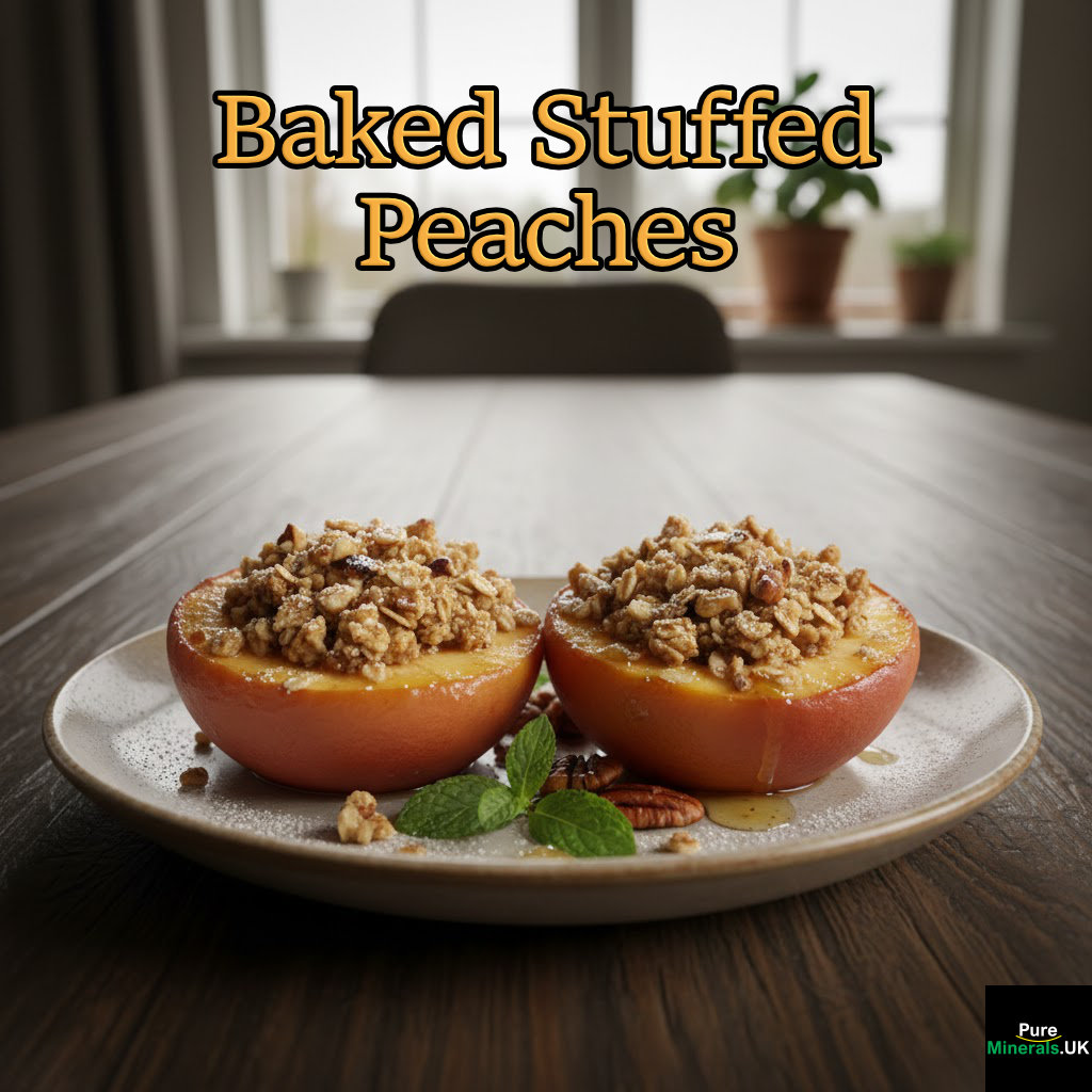 Halved peaches filled with a mixture of oats, nuts, cinnamon, and a small amount of honey, then baked until tender,