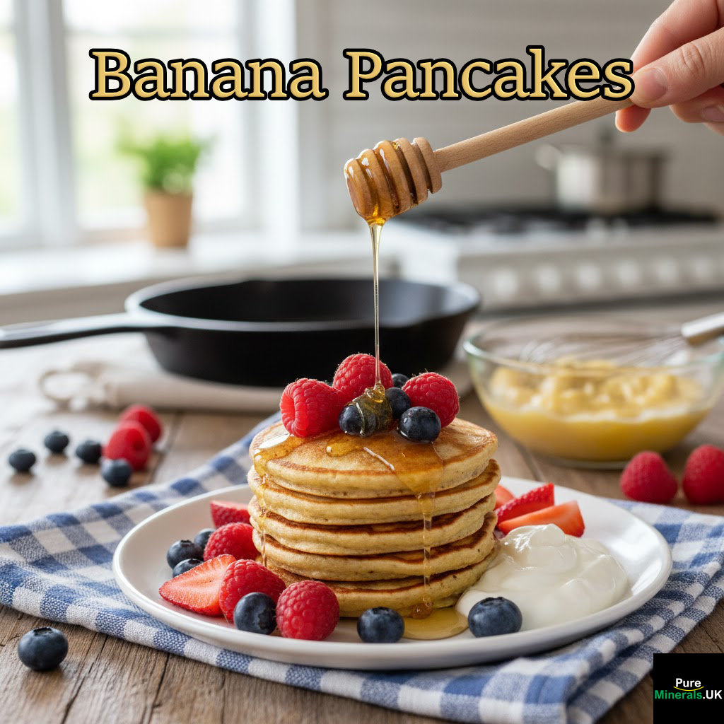 Banana pancakes with strawberries, blueberries, and honey.