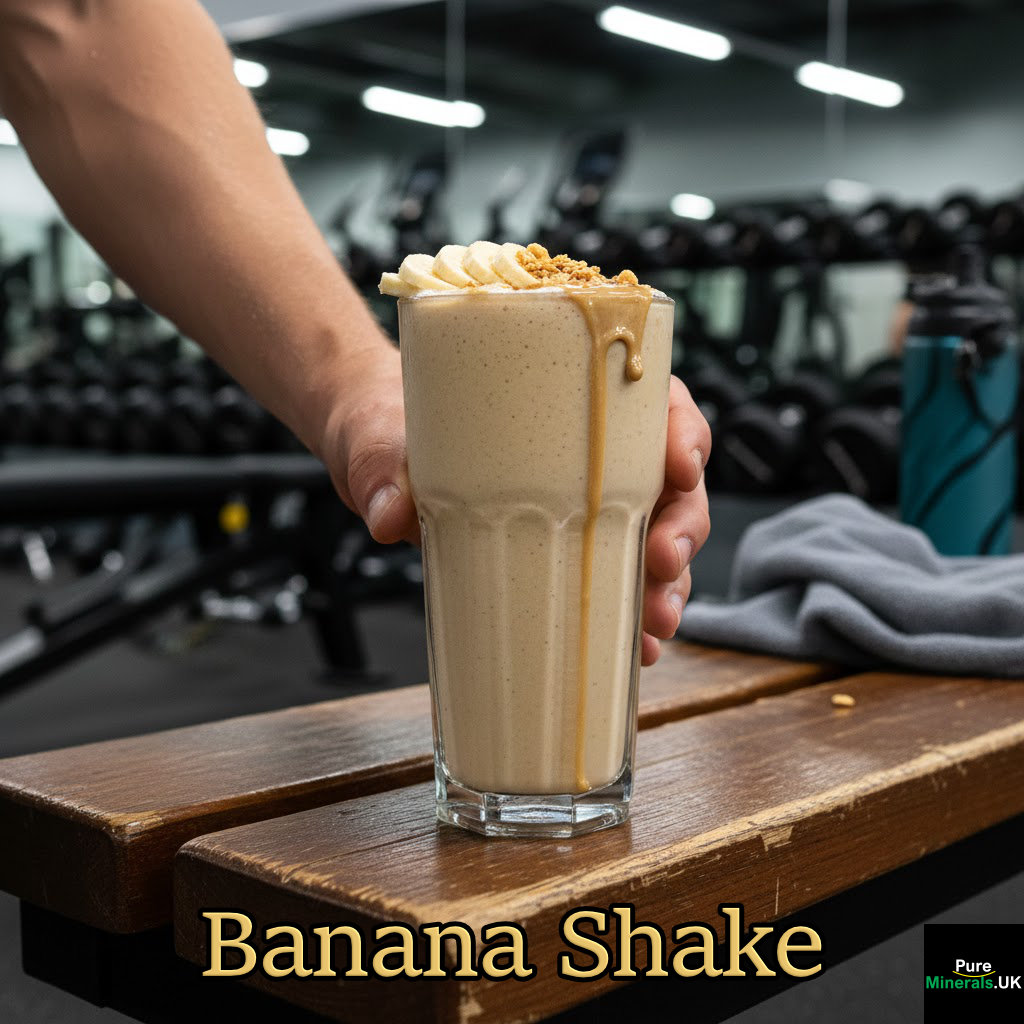 A banana recovery shake in a gym after a workout.