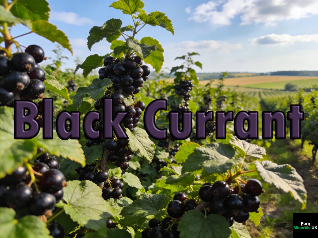 A Polish black currant plantation with rows of bushes heavy with ripe glossy black currants under summer sunlight.