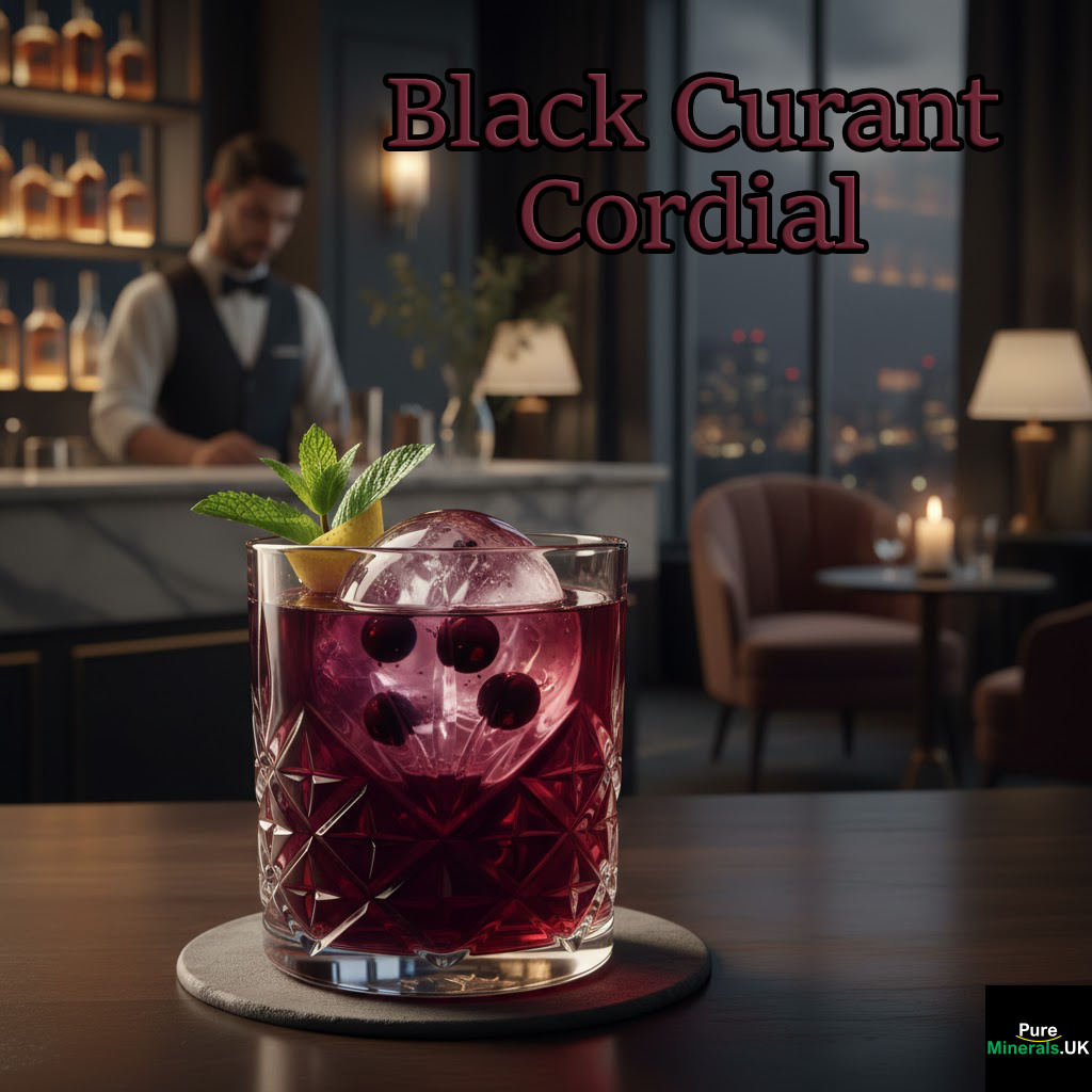 A photo of a black currant cordial in a lounge setting.