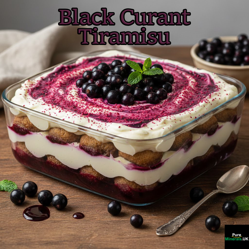 A photo of black currant tiramisu in a kitchen setting.