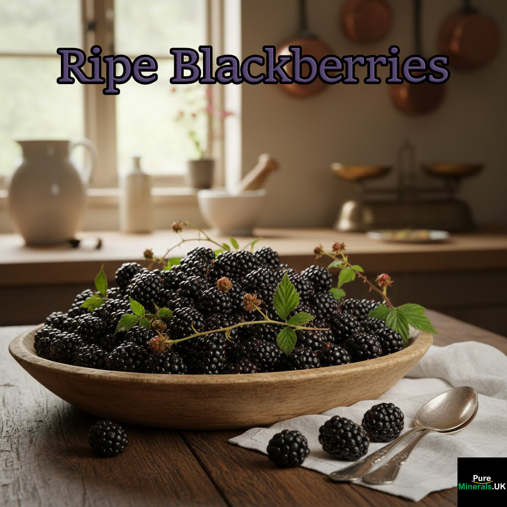 Ripe blackberries in a bowl on a table in a kitchen setting.